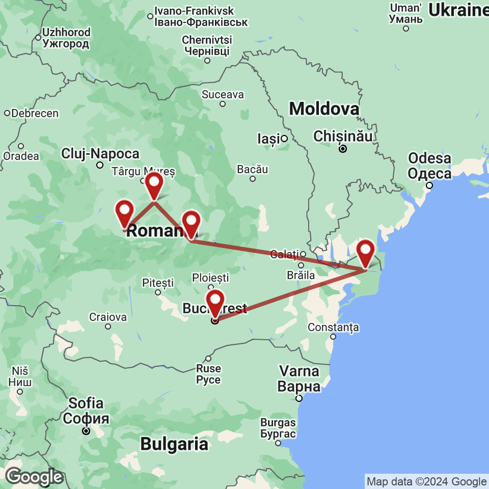 Route for Bucharest, Danube Delta, Brasov, Sighisoara, Sibiu tour